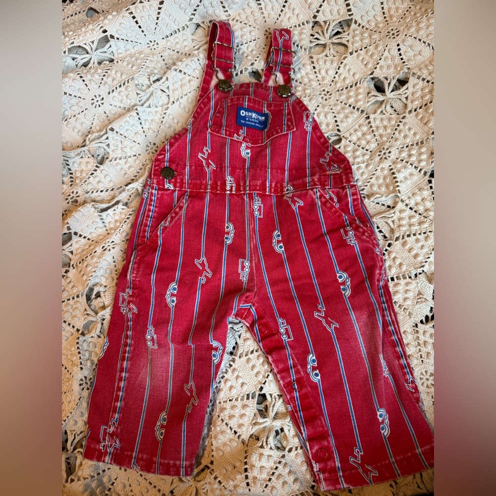 90s Osh Kosh B’Gosh Red Blue Transportation Vestbak Genuine Article Bibs 12M
